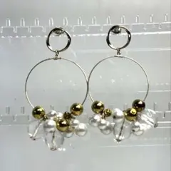 ゴールドフープ パールクリスタルピアス