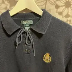 LAUREN ネイビー レースアップ ポロシャツ