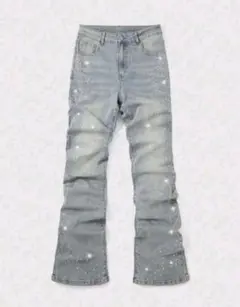 フレアデニム フレアパンツ 青色 ライトブルー クリスタル ラインストーン S