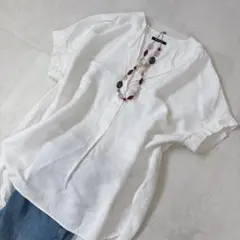 自由区 リネン混 ハシゴレース刺繍 ブラウス 大きいサイズ48 洗える 