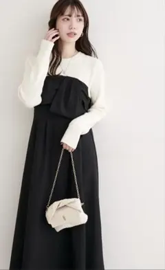 ナチュラルクチュール☆ リボン風ドッキングワンピース(フリーサイズ・ブラック)