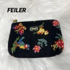 【美品】FEILER ポーチ　ブラック　花と鳥刺繍　かわいい❤︎
