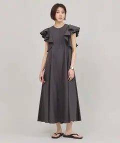 【週末SALE】Curensology ポプリンラッフルワンピース ネイビー Curensology】ポプリンラッフルワンピース ネイビー フレア ロング