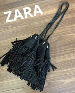 ZARA スエード フリンジ 巾着 ショルダーバッグ