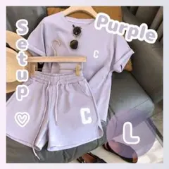 セットアップ パープル L ルームウェア 部屋着 ロゴ 韓国系 半袖 レディース