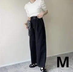 【大人気】GU ジーユー ライトデニム タックワイドパンツ【M】ブラック