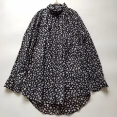 美品 45R ハイネック ギャザー 長袖 花柄 ブラウス チュニック ブラック２