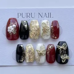 395【現品】成人式　振袖ネイル×花柄×ダーク赤×黒×白×金箔◾️ネイルチップ