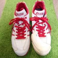 【P革付き】 アシックス 野球 スパイク 28.0 ホワイト レッド　投手　左