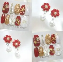 【ネイルチップ・ピアスセット】現品販売 成人式 卒業式 振袖 袴 和柄 赤 金