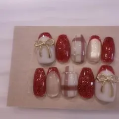 現品　ネイルチップ　赤　フラッシュ　リボン　　　バレンタイン