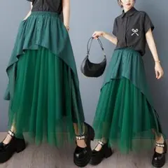 大きいサイズ　レディース　グリーン　チュール　スカート　ウエストゴム