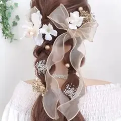No.36 選べるリボンとアイボリー系のフラワーピンの髪飾り