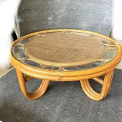 籐 ラタン ローテーブル 天板 昭和レトロ 座卓 ガラス天板