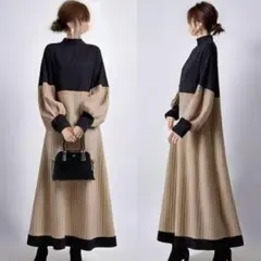 ベージュ ブラック バイカラー ワンピース ハイネック ゆったり 春 旅行