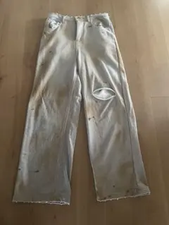 グレー ワイドスウェットパンツ ダメージ加工