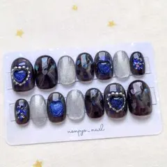 黒系マグネットネイル14本セット♡ショートオーバル♡ハート夏ネイル【現品】