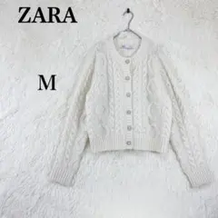【ザラ】長袖カーディガン ニット ラインストーン 上品 M ホワイト パール装飾