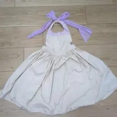 クリーム色と薄紫のリボン付きエプロン　マールマール　キッズサイズ