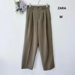 ZARA ハイウエスト ツータック ワイドパンツ M カーキ センタープレス