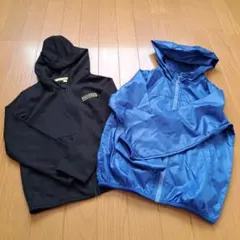 青フード付ジャンパー(ユニクロ) 黒フード付ジャージ素材 120　上着2点セット