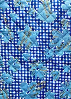 キルティング生地 L字形ハギレ 青と白のチェック柄に花、ハート、星