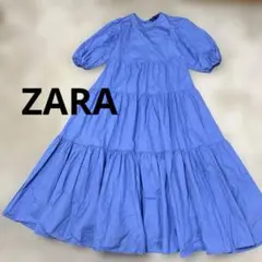 ZARA ポプリンパネルワンピース ブルー マキシ丈　パフスリーブ