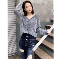 GYDAグレー系 ケーブル編み クロップドニット