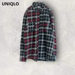 ユニクロ　チェック柄　長袖ネルシャツ　L グレー×レッド　コットン100% 総柄