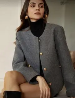 グレー ノーカラージャケット ウール混紡