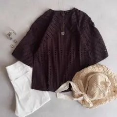 美品▲定価1.5万▲INDIVI レースブラウス フレアスリーブ ブラウン