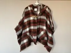 フード付きブラウンチェックポンチョ