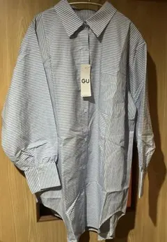 ジーユー　ランダムストライプ　オーバーサイズシャツ　M ブルー