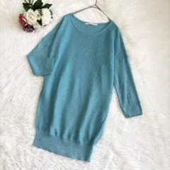 美品✨カーネリアン（M）五分袖ニット ラメ ブルー レーヨン混 薄手トップス