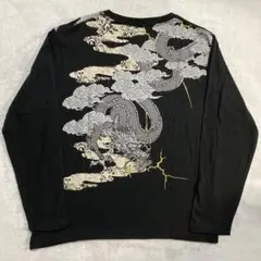 和柄 龍 ドラゴン 両面プリント ロンT 雷 ブラック L 和風 バレットノイズ