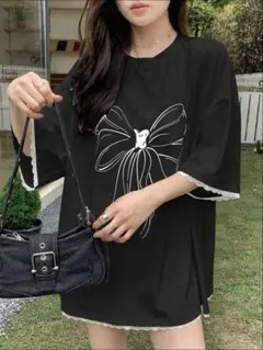 シーイン　リボン柄 半袖Tシャツ ブラック レース付きのサムネイル