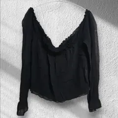 オフショル シアートップス 黒 フリル付き 長袖ブラウス レディース