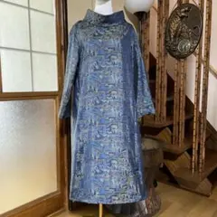 正絹7マルキ大島紬着物リメイク ロールカラーチュニックワンピース　青系風景柄