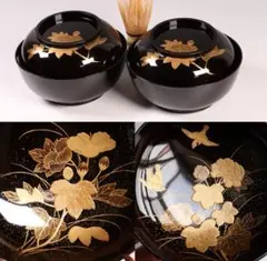 CL64 加賀蒔絵 月に雁 金蒔絵 黒塗煮物椀 五客 木製漆器 梨地 鳥 芦 天然木製漆塗 原叟好 黒銀蒔絵煮物椀 鶴亀松竹梅 - 生活骨董と古布の