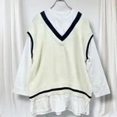 YE LiBARE イェリバーレ ニットベスト付シャツ 白 Vネック レイヤード
