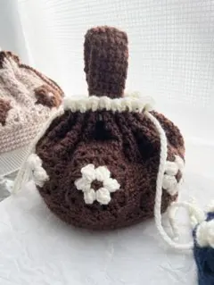 お花巾着バッグ┊編み物 コーヒーブラウン 韓国