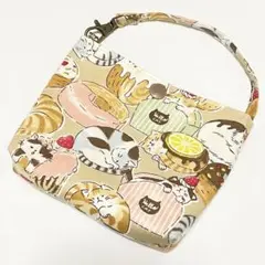 猫　スイーツ柄　バッグポーチ　ブラウン　ハンドメイド