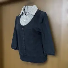 襟付きカットソー　黒　七分袖　ストライプシャツの重ね着風　Mサイズ