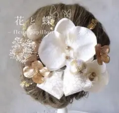 パール胡蝶蘭と七宝リボン◆カスミソウ、金箔、和玉、結婚式や成人式、和装、七五三に