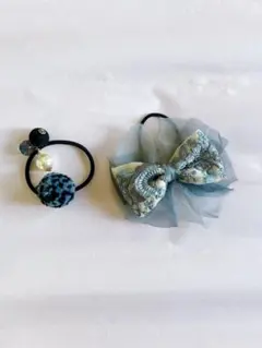 ヘアゴム グレー 2点セット リボン シフォン ポンポン ビーズ ヘアアクセ