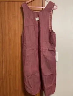 赤と白のチェック柄エプロン　ロング丈　リバーシブル