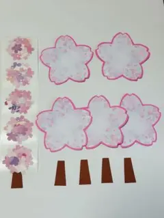 ピンクの桜の花シール5枚、木の幹5、桜型メッセージカード5枚セット