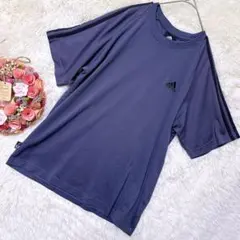 adidas 半袖Tシャツ スポーツ グレー ネイビー ストライプ L 刺繍