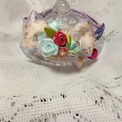 巻き薔薇レース飾り、パープル花柄リボンの猫用首輪
