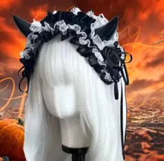 レースヘッドドレス　角付き　黒　最終値下げ　薔薇　仮装　ゴスロリ　カチューシ